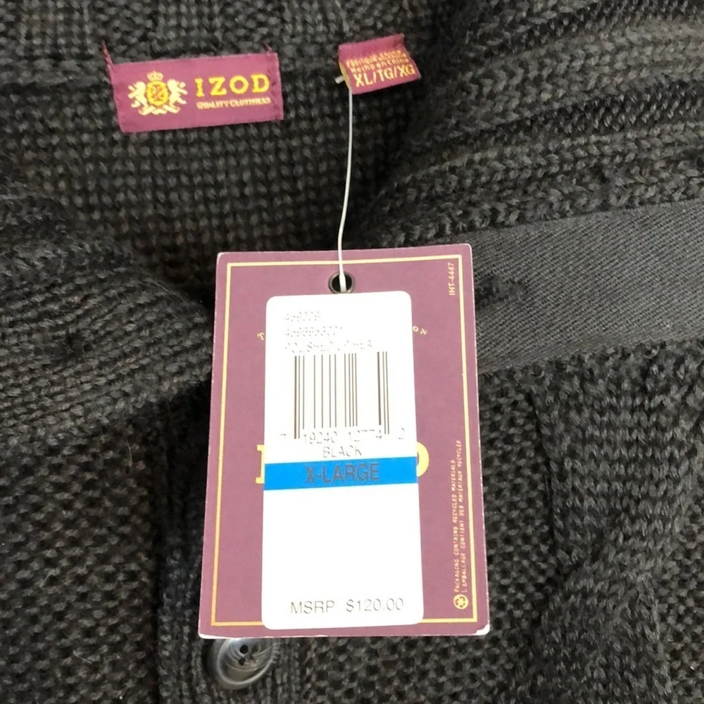 IZOD NWT Black Wool Blend Cable Knit Half Button Down‎ Sweater size XL
